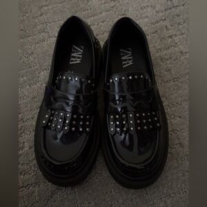 Zara Shiny Black Loafers with Studded Fringe